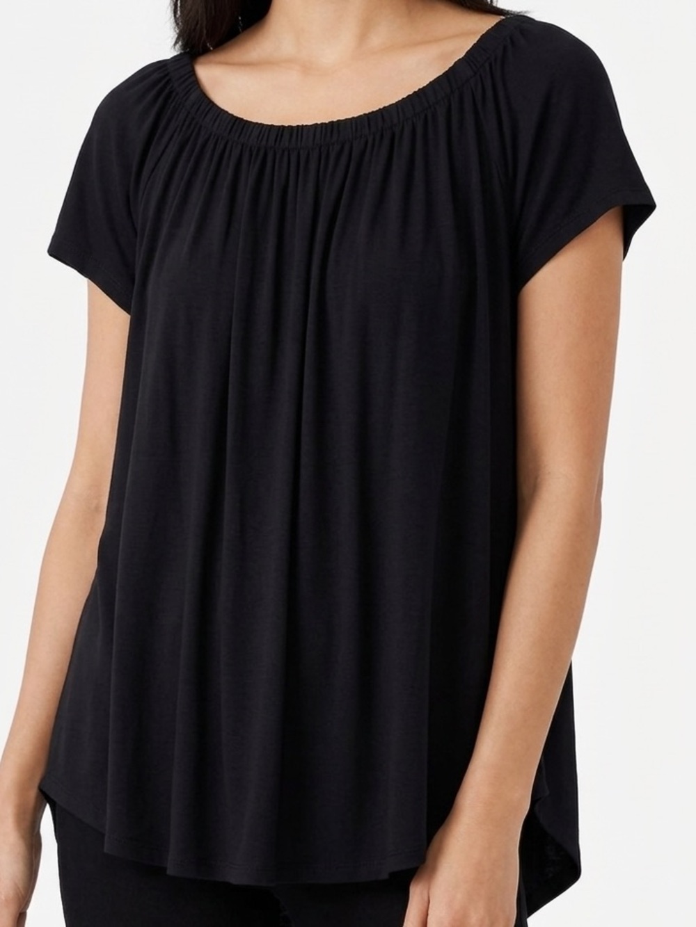 SOUTHCOTT Elastic Neck Flowy Top Cap Short Sleeve Tee Bamboo Cotton T-shirt BLK
